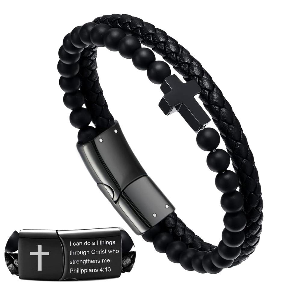 Leather Lava Rock Bead Bracelet Black Inspirational Quotes Bracelets  Husband