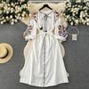 Women Spring Autumn Dress Vintage Ethnic Style Lantern Long Sleeve Embroidered Round Neck Slim A-line Mid Dresses