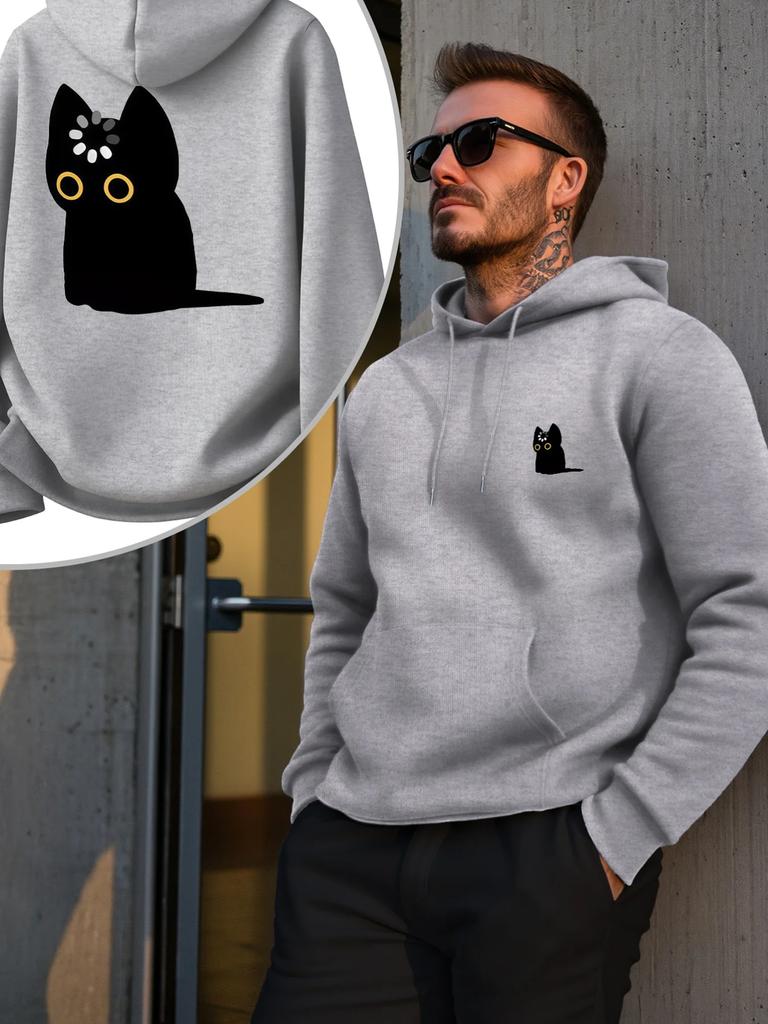 Men Cute Black Cat Print Sports Hoodie Grey Minimalist Cartoon Oversized Pullover Streetwear Sweatshirt Autumn Winter