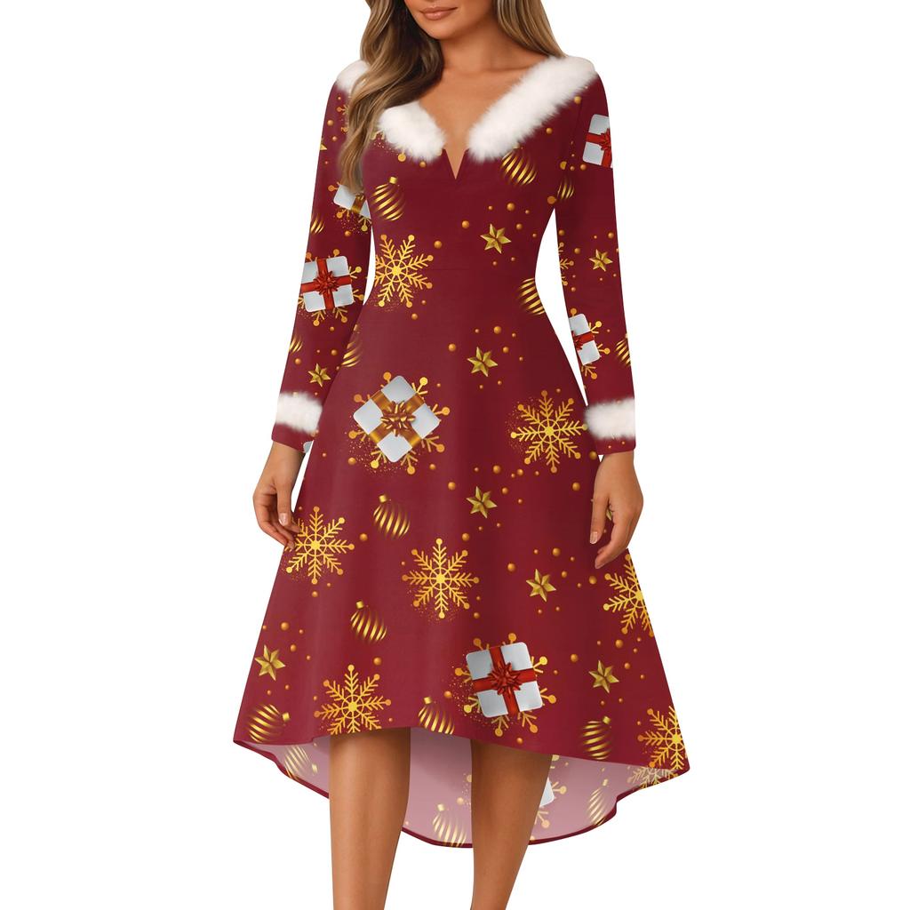 Рождественские платья с принтом для женщин, винтажное рождественское платье миди, повседневные платья, коктейльное платье, вечерние праздничные платья