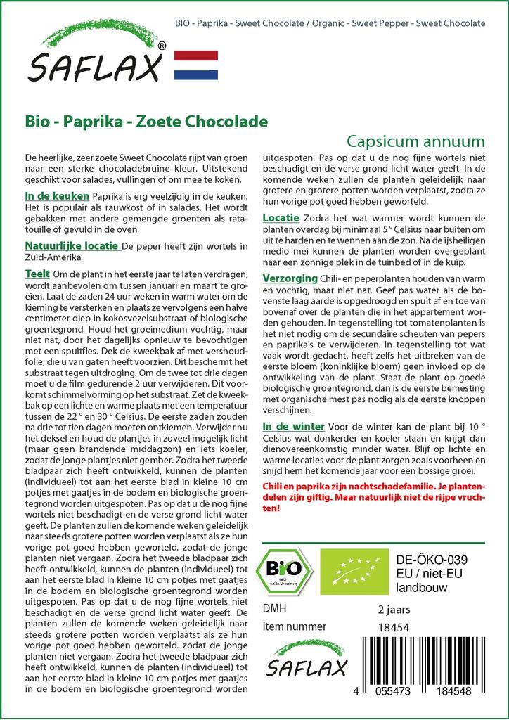 SAFLAX Garden in the Bag - Органический - Сладкий перец - Сладкий шоколад - 10 семян - С субстратом в подходящем пакете - Capsicum annuum