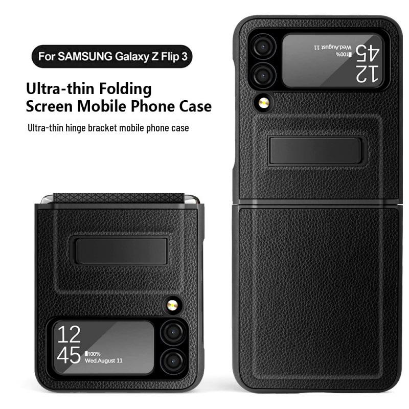 Samsung Z Flip6 Folding Screen Protective Case with Hinge and Bracket, Litchi Leather Mobile Phone Cover.