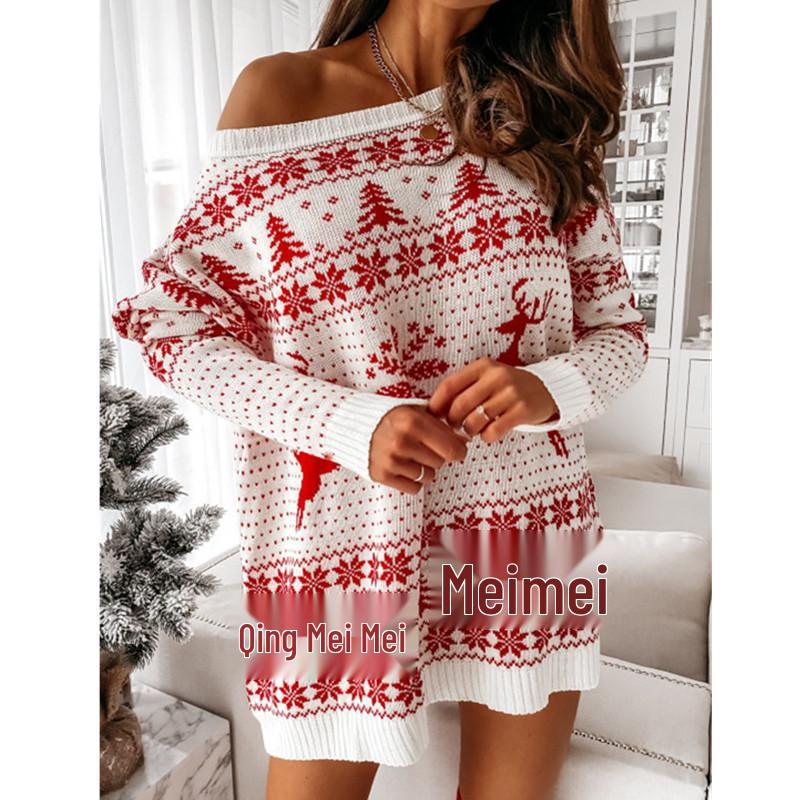 European & American Ladies' Christmas Jacquard Knit Sweater Dress – Autumn/Winter Loose Long Sleeve