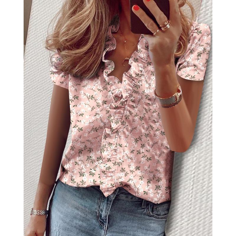 YYFS Women's Fashion Casual Summer Spring Solid Color Print Short Sleeve V-Neck Blouses & Shirts
