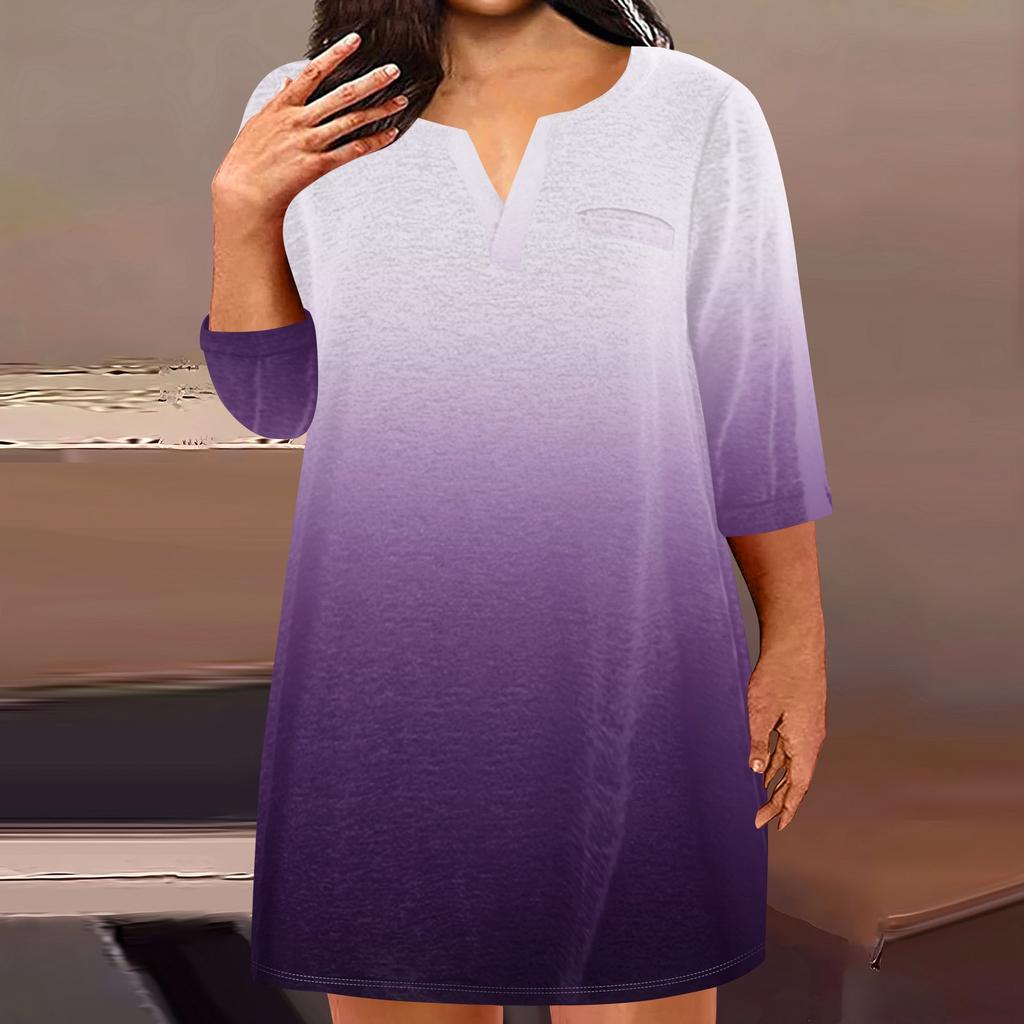 Women's Fashion Plus Size V-Neck Seven Sleeve Casual Printed Loose With Pockets Dresses