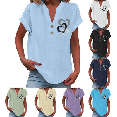 Женская повседневная мода с V-образным вырезом и пуговицами с цветочным принтом и коротким рукавом