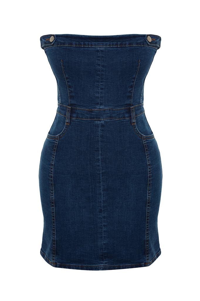 Женское модное новое платье, ограниченное издание, синее джинсовое платье без бретелек с деталью на пуговицах