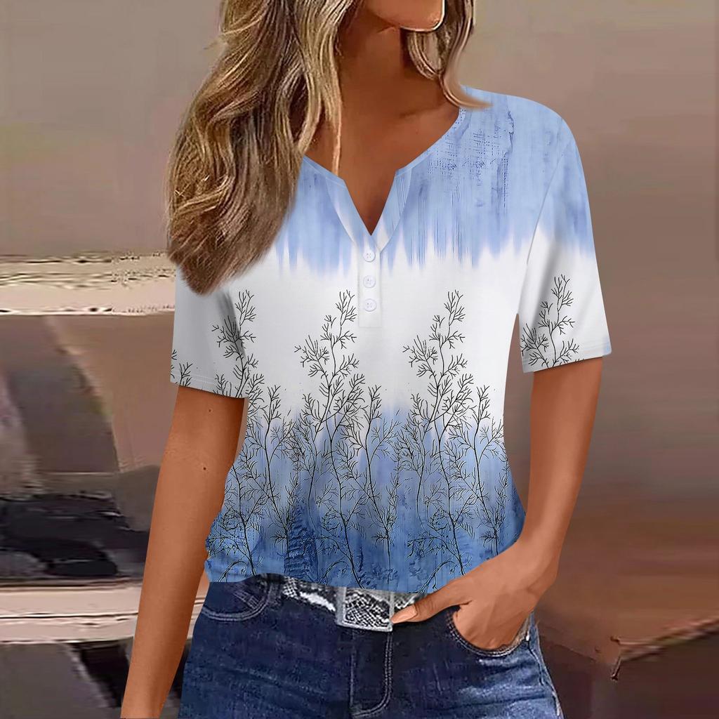 Жен. Футболка Футболка С принтом Пуговицы С короткими рукавами Повседневные Выходные Мода Классический V-образный вырез Обычный Верх