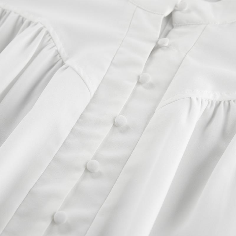 White Casual Stand Collar Puff Sleeve Loose Fit Shirt For Commute