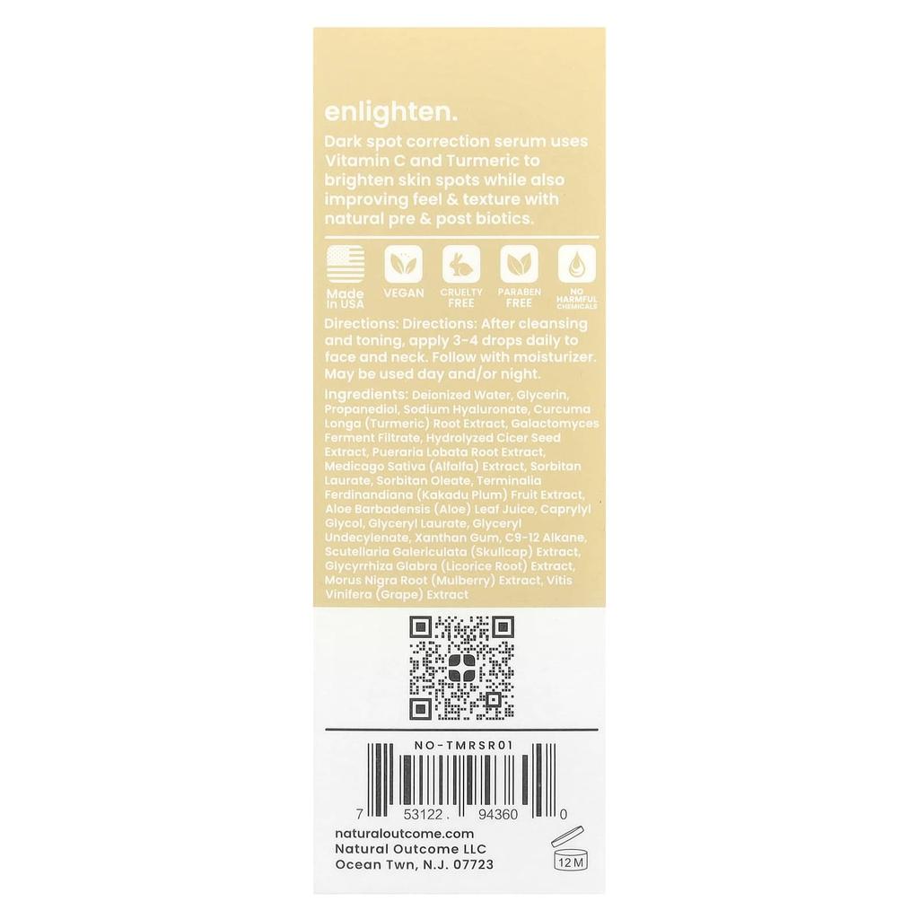 Natural Outcome Turmeric Enlighten Serum, Fragrance-Free, 1 Oz (30 Ml)