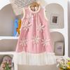 Элегантное платье для девочек 2025 Лето Детская мода Цветочное Без рукавов Сетчатое Милое Платье принцессы