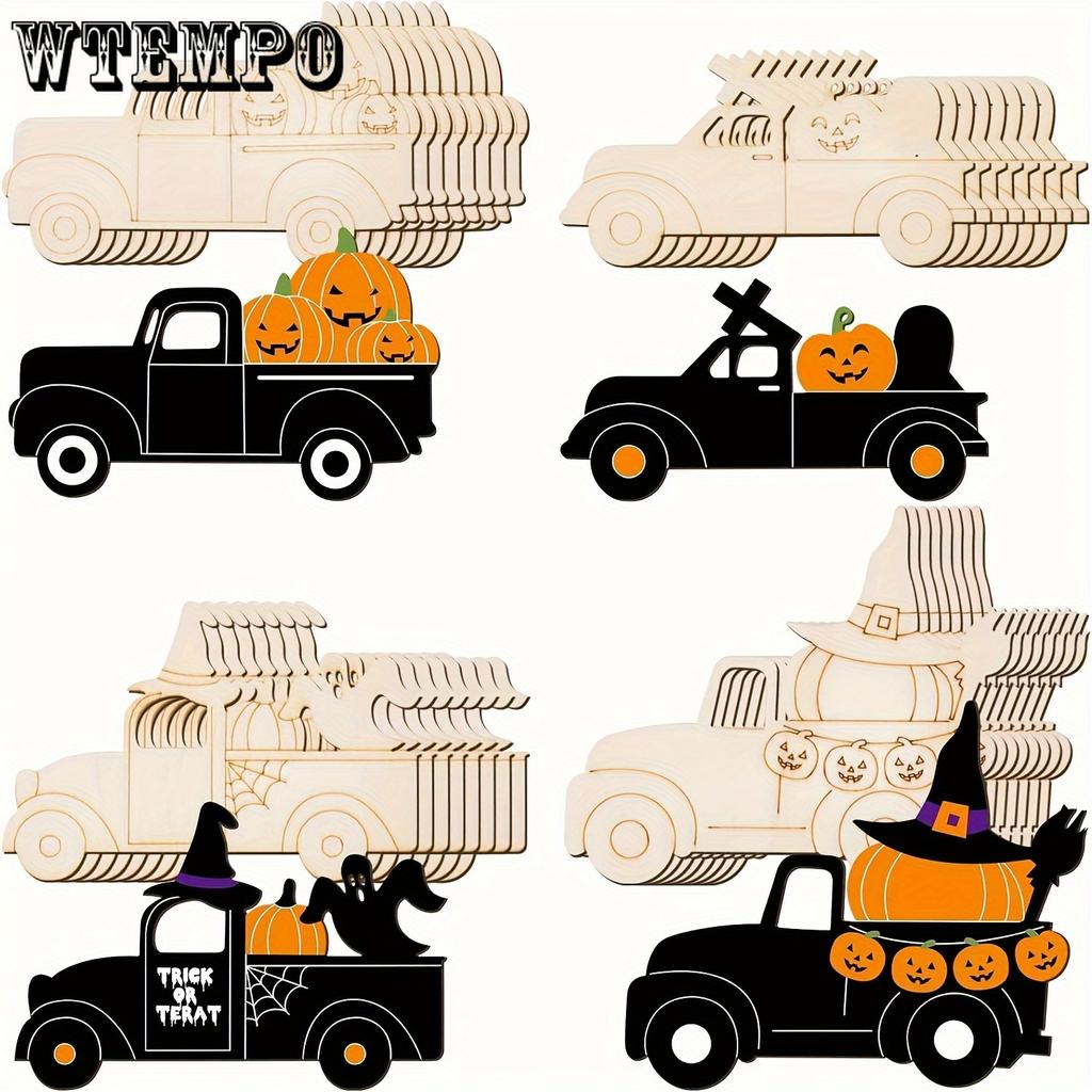 32pcs Halloween Wooden Craft Set - Unpainted Pumpkin & Truck Cutouts for DIY Art, Carved Tags & Hanging Decorations