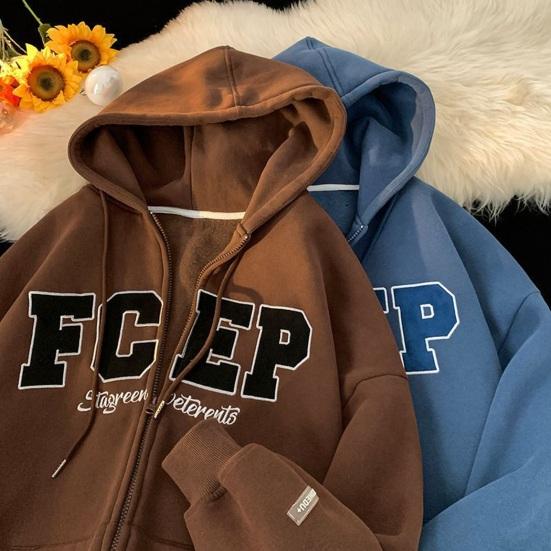 Мужское осенне-зимнее пальто с капюшоном, свободный кардиган на молнии с капюшоном и вышитыми буквами, верхняя одежда