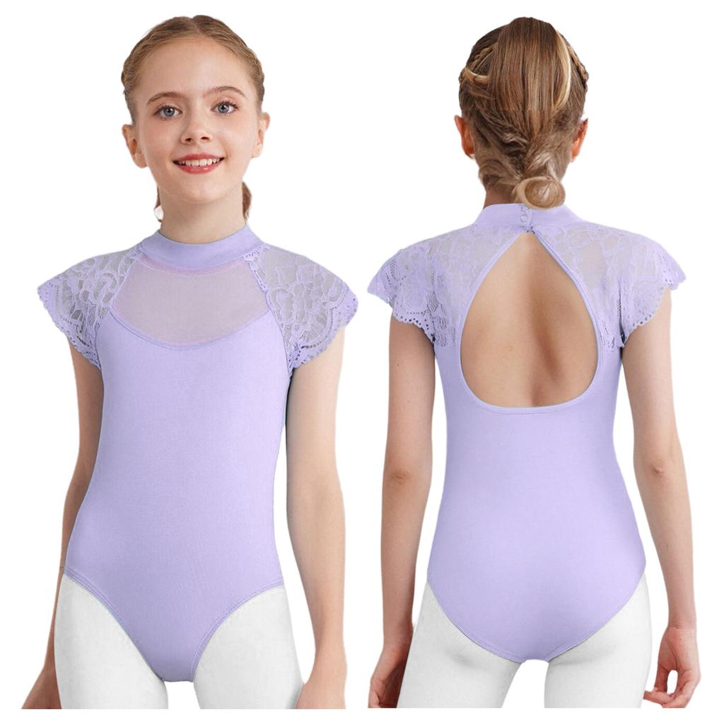 Girls Ballet Exam Leotard Lace Cap Sleeves Sheer Mesh Patchwork Cutout Dance Practice Wear