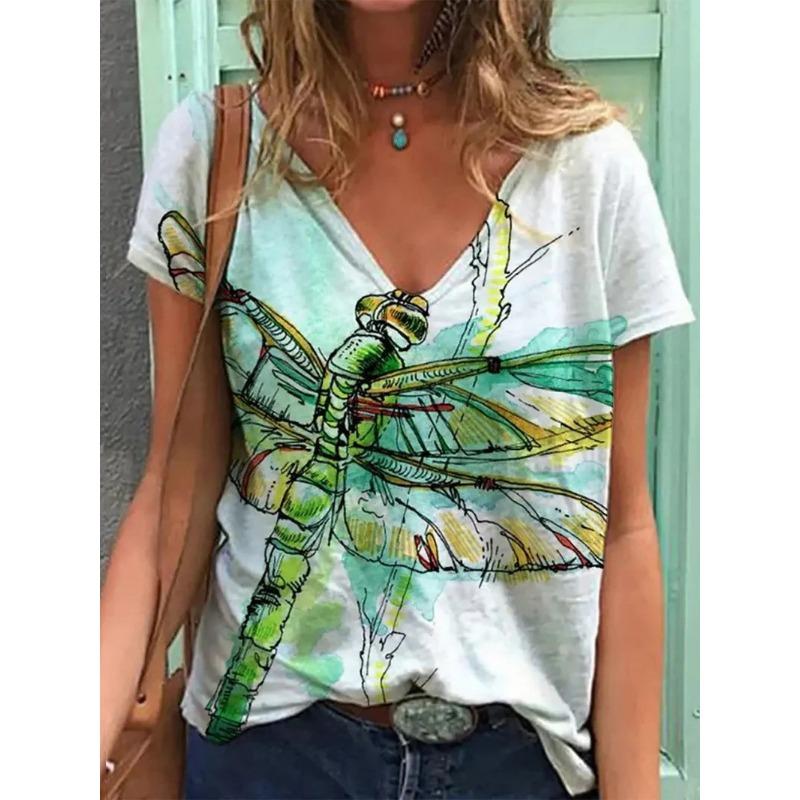 V-neck Short Sleeved Top with Sexy 3D Animal Butterfly Dragonfly Print Women's T-shirts