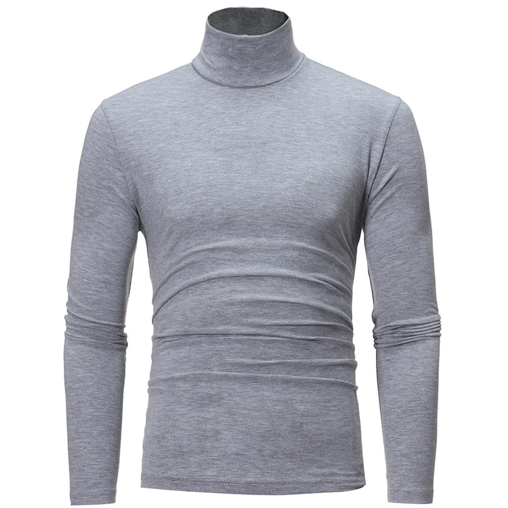Men Casual High Neck Long Sleeve T-shirt Solid Color Slim Fit Pullover Undershirt Thermal Base Shirt