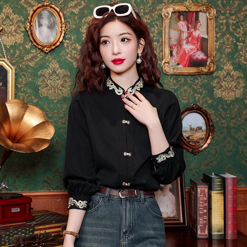 Women's Stand-Up Collar Shirt with Chinese Embroidery, Zen Style Long-Sleeve Top for Spring and Autumn.
