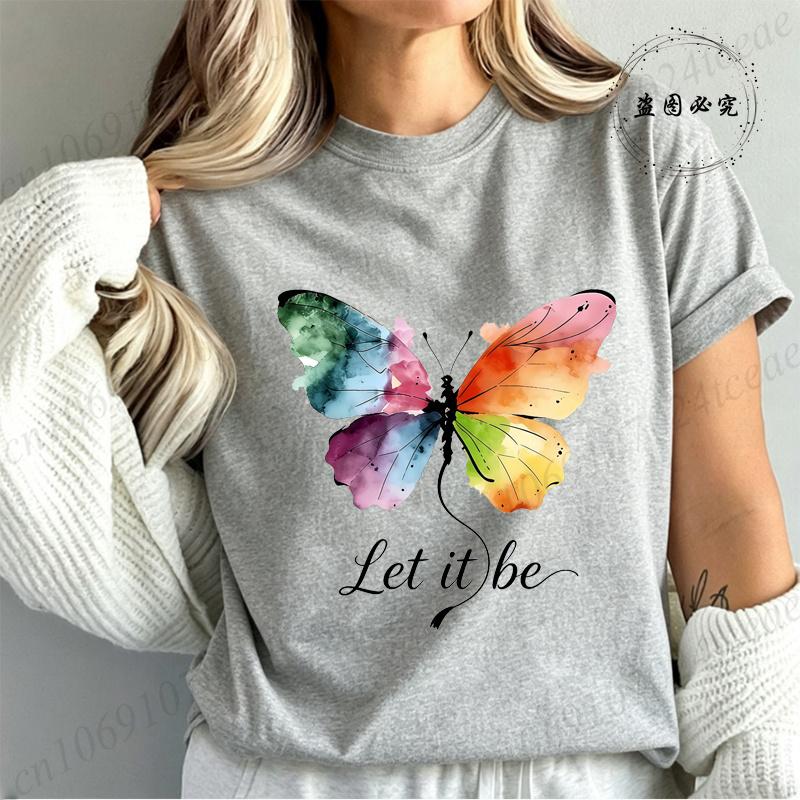Футболка High Street Let It Be с принтом радужной бабочки Модная футболка Женская футболка с акварельной бабочкой Летние брендовые топы