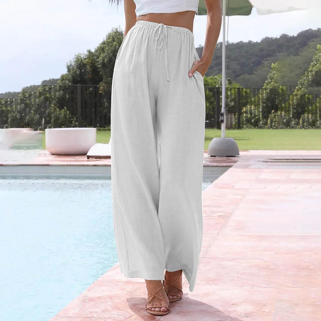 Летние женские повседневные широкие брюки со свободными завязками и передним карманом, однотонные повседневные женские рабочие повседневные брюки