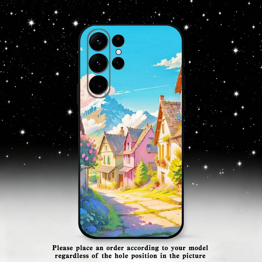 Stylized Houses Painting Phone Case For Samsung S25,S24,S23,S22,S21,S20,S10,Ultra,Plus,Lite,FE,Soft Silicone Black Cover