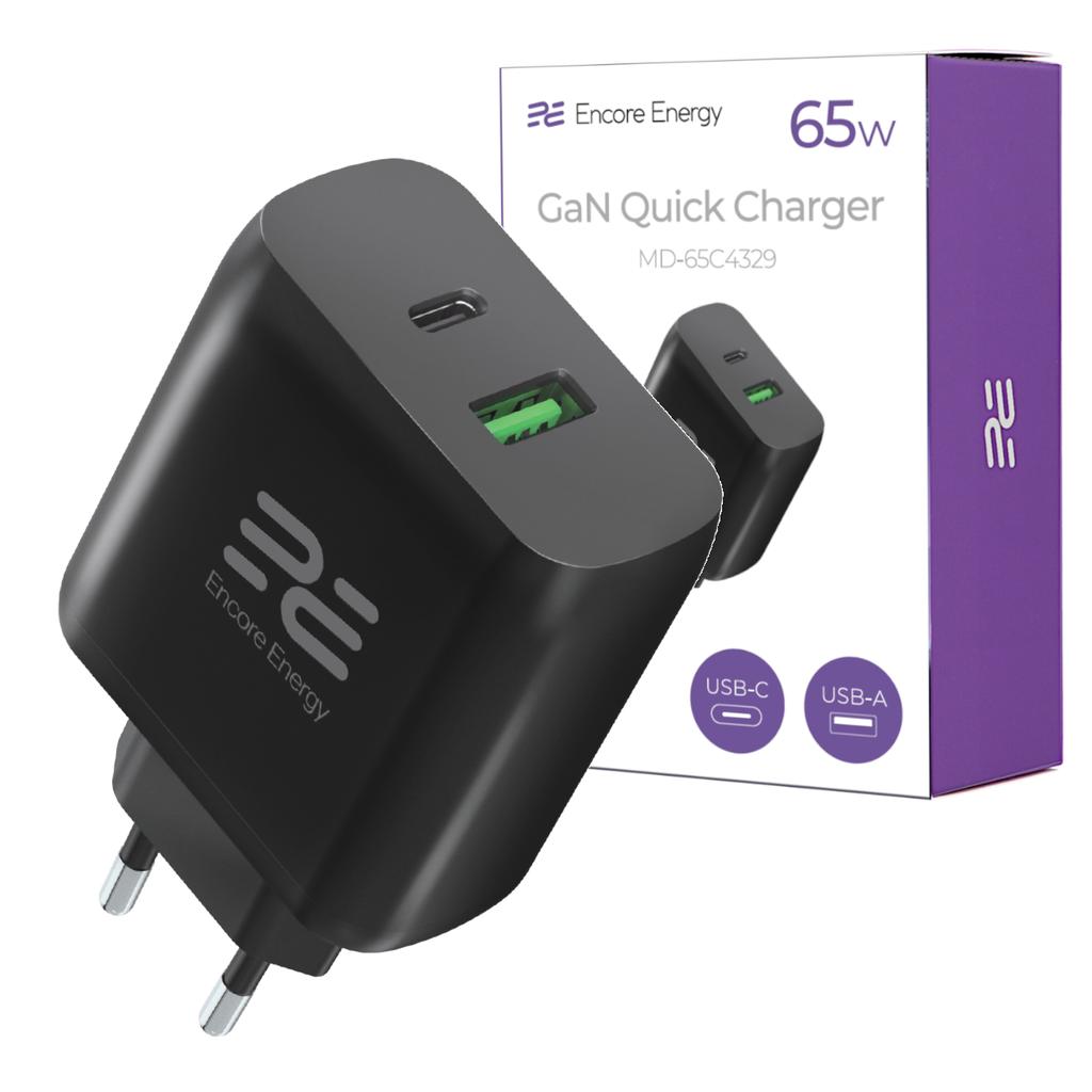 New GaN 65W USB-A + USB-C QC PD Wall Charger Encore Energy MD-65C4329