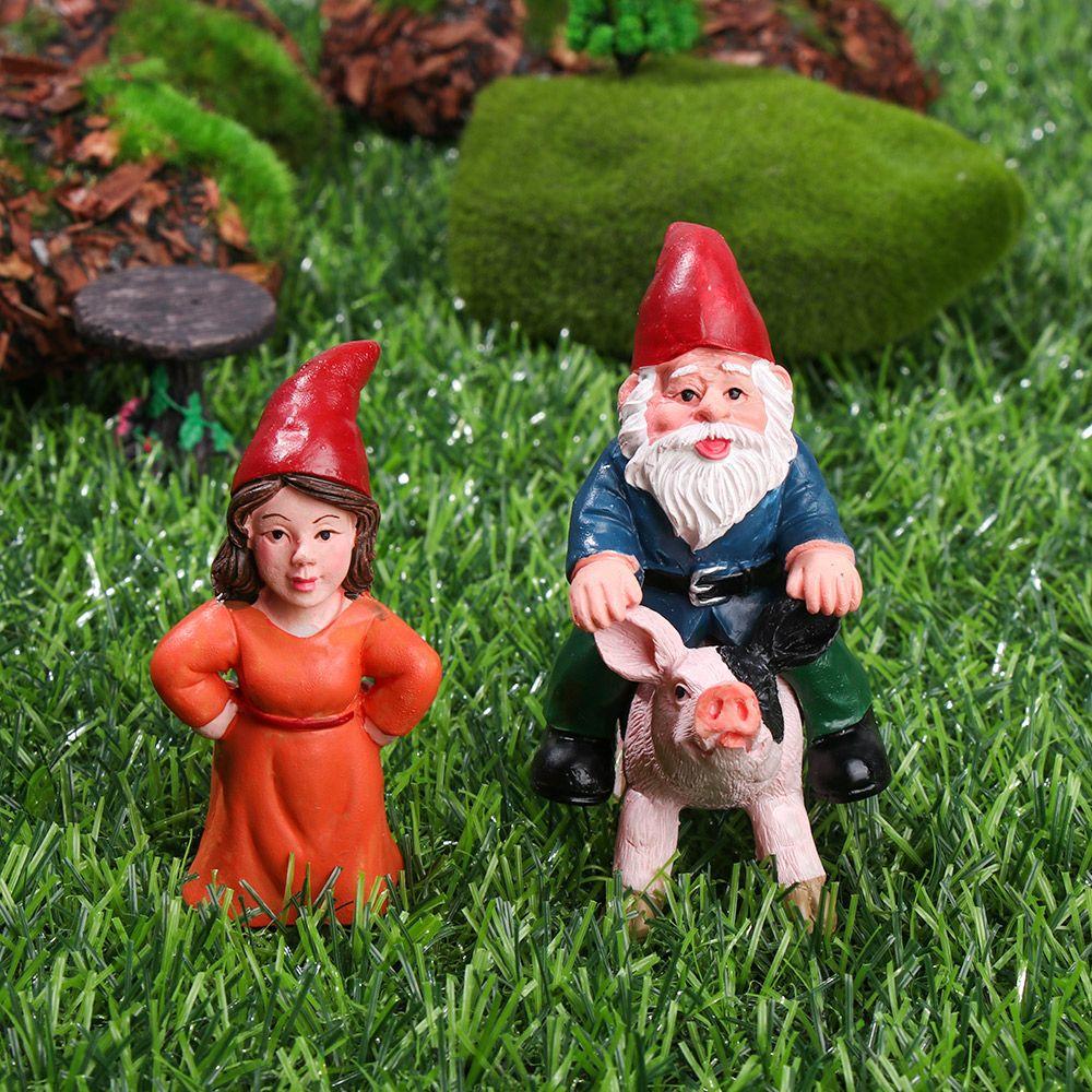 Landscape Female Goblin Statue Miniature Dwarf Figurine Fairy Garden Decorations Riding Pig Gnome