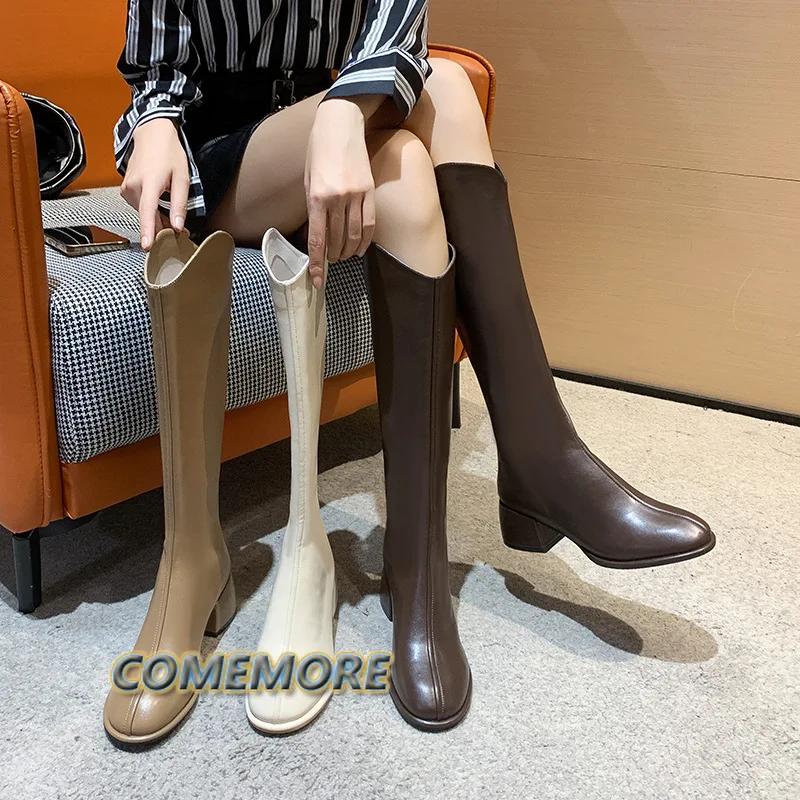 2025 Fashion Women‘s Boots Soft Leather Knee High Boots Women Zipper Female Square Heel Woman Shoes Autumn Winter Knight Boot PU