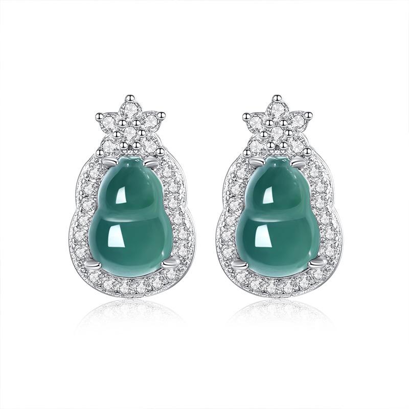 S925 Sterling Silver Gourd Stud Earrings with Blue Water Jadeite Full Green Jade New Chinese Light Luxury High-End Jewelry for Women