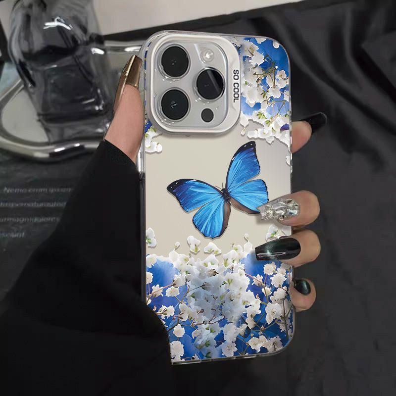 Модный синий чехол-бабочка для iPhone 13, 14, 15 Pro, 16 Pro Max и 17