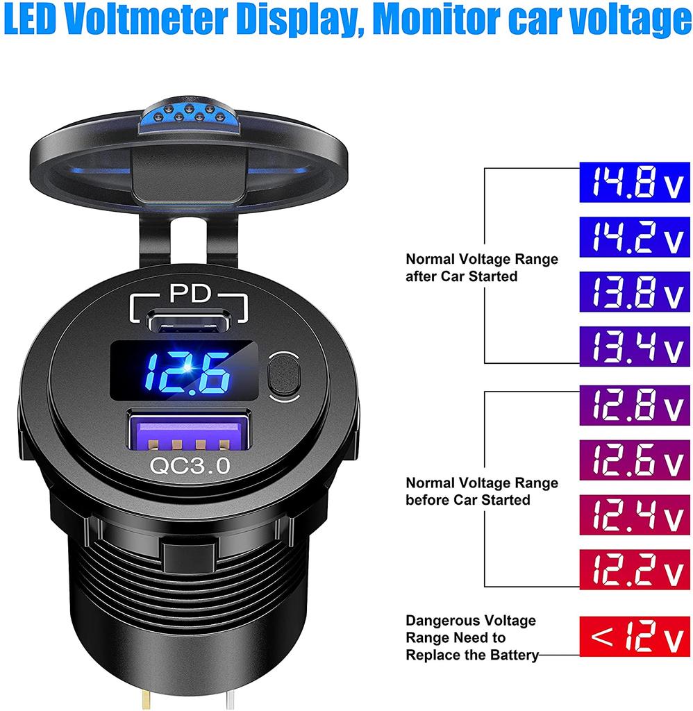 Автомобильное зарядное устройство Quick Charge 3.0 USB PD Type-C, розетка USB 12 В со светодиодным вольтметром и переключателем ВКЛ/ВЫКЛ, водонепроницаемая для морских лодок, мотоциклов и т. д.