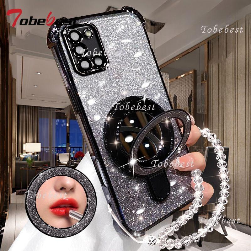 Чехол для Samsung Galaxy A51 A71 A31 A21S A11 A02S A03S A04E с блестящим покрытием, зеркальцем для макияжа, магнитным держателем для телефона, браслетом-крышкой