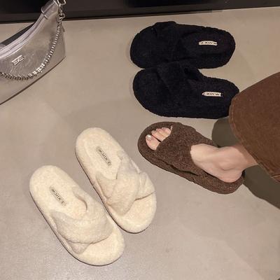Круглоголовые тапочки на толстой подошве женская уличная обувь 2025 осень и зима новые хлопковые тапочки модные однотонные тапочки на перемычке