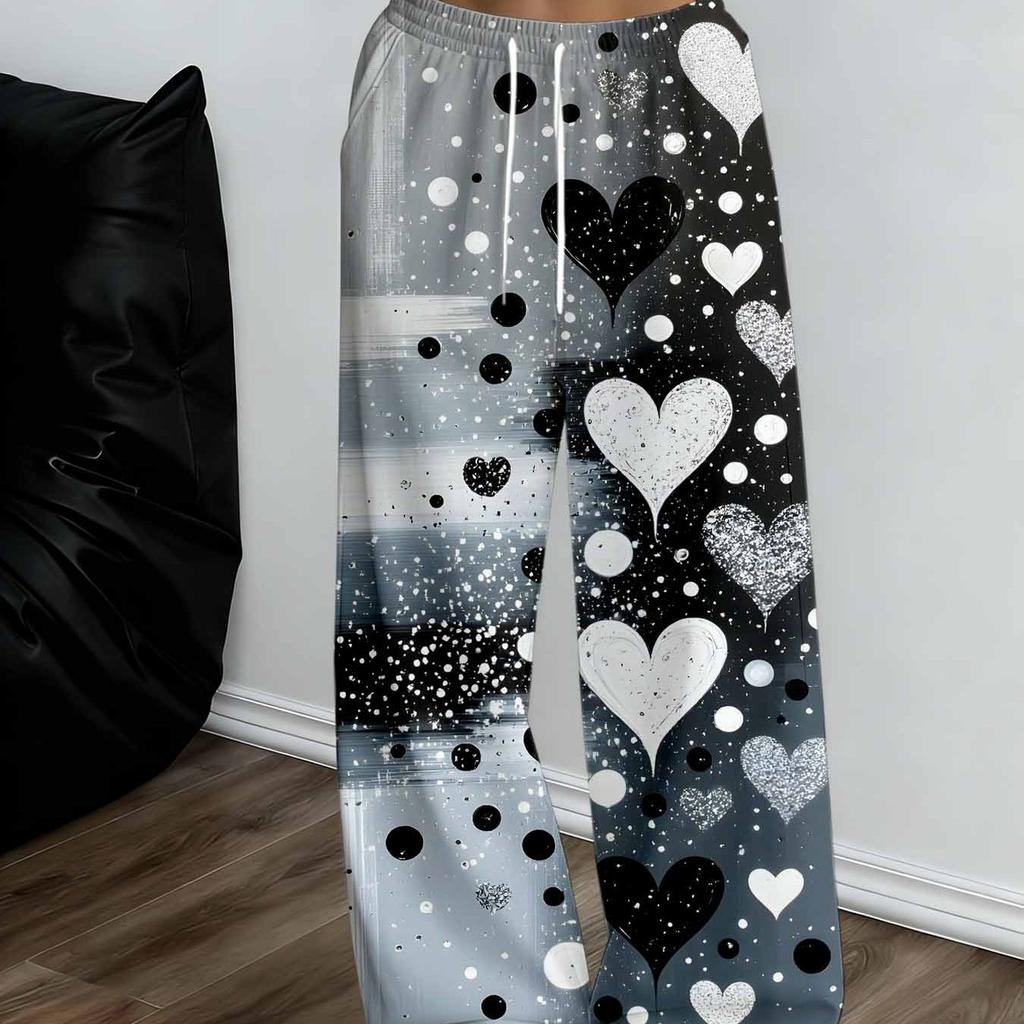 Women's Plus Size Wide Leg Pants Gray Black White Hearts and Polka Dot Print
