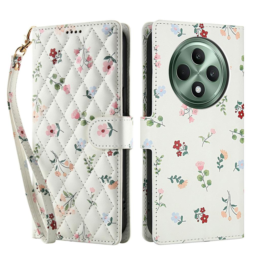 Wallet Case for Oppo Reno12 F 5G/4G/F27 5G Rhombic Floral Design Leather Flip Phone Cover with Strap