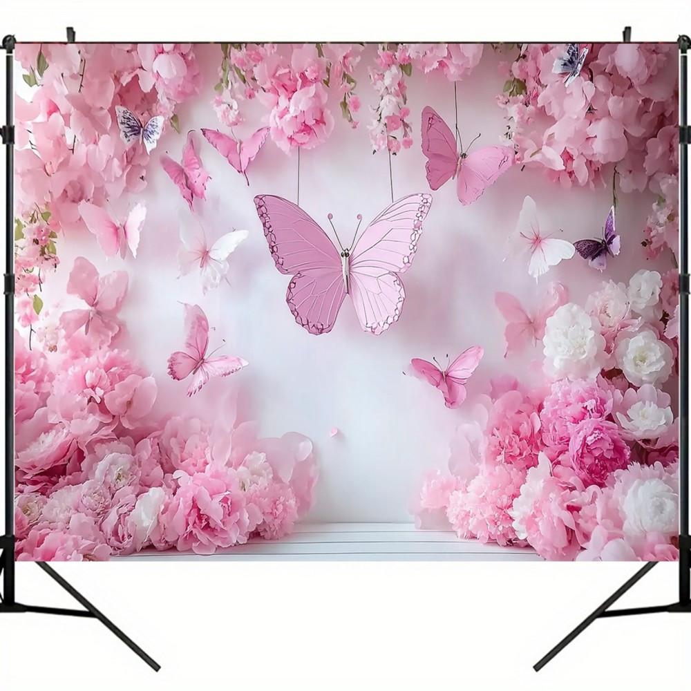 A vibrant birthday decoration display featuring butterflies and flowers - a sturdy pink backdrop