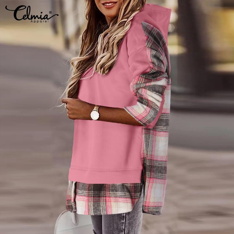 Celmia Autumn Women Plaid Long Sleeved Patchwork Casual Loose Hoodies Sweatshirts