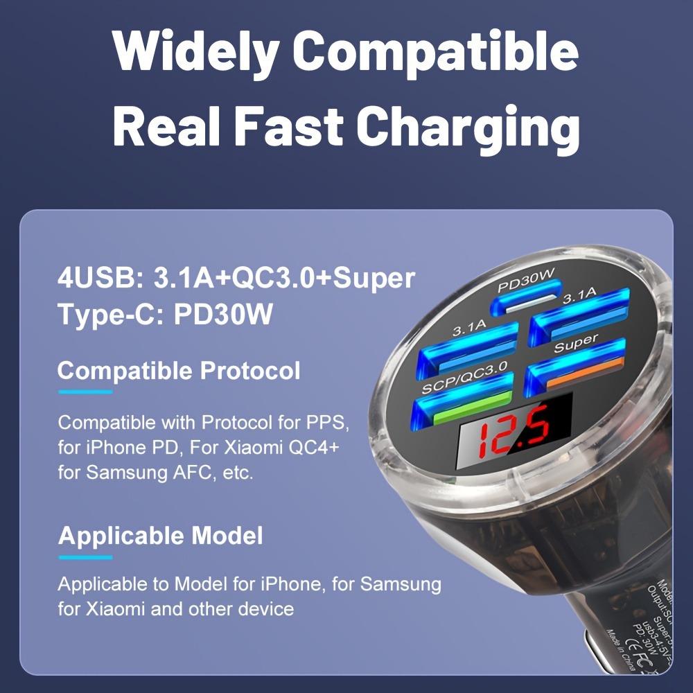 Автомобильное зарядное устройство USB 150 Вт с 5 портами, PD30W Type-C, дисплеем напряжения и многопротокольной быстрой зарядкой для автомобилей 12–32 В