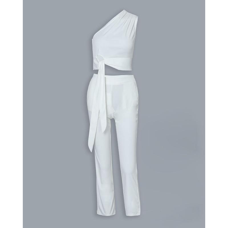 Женский однотонный сексуальный брючный костюм на одно плечо со шнуровкой и девятью точками