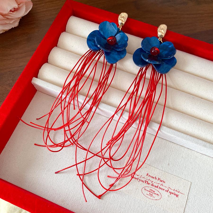 Silver needle acrylic flower braided rope fringed earrings Hong Kong style retro temperament studs earrings niche high-end earrings women