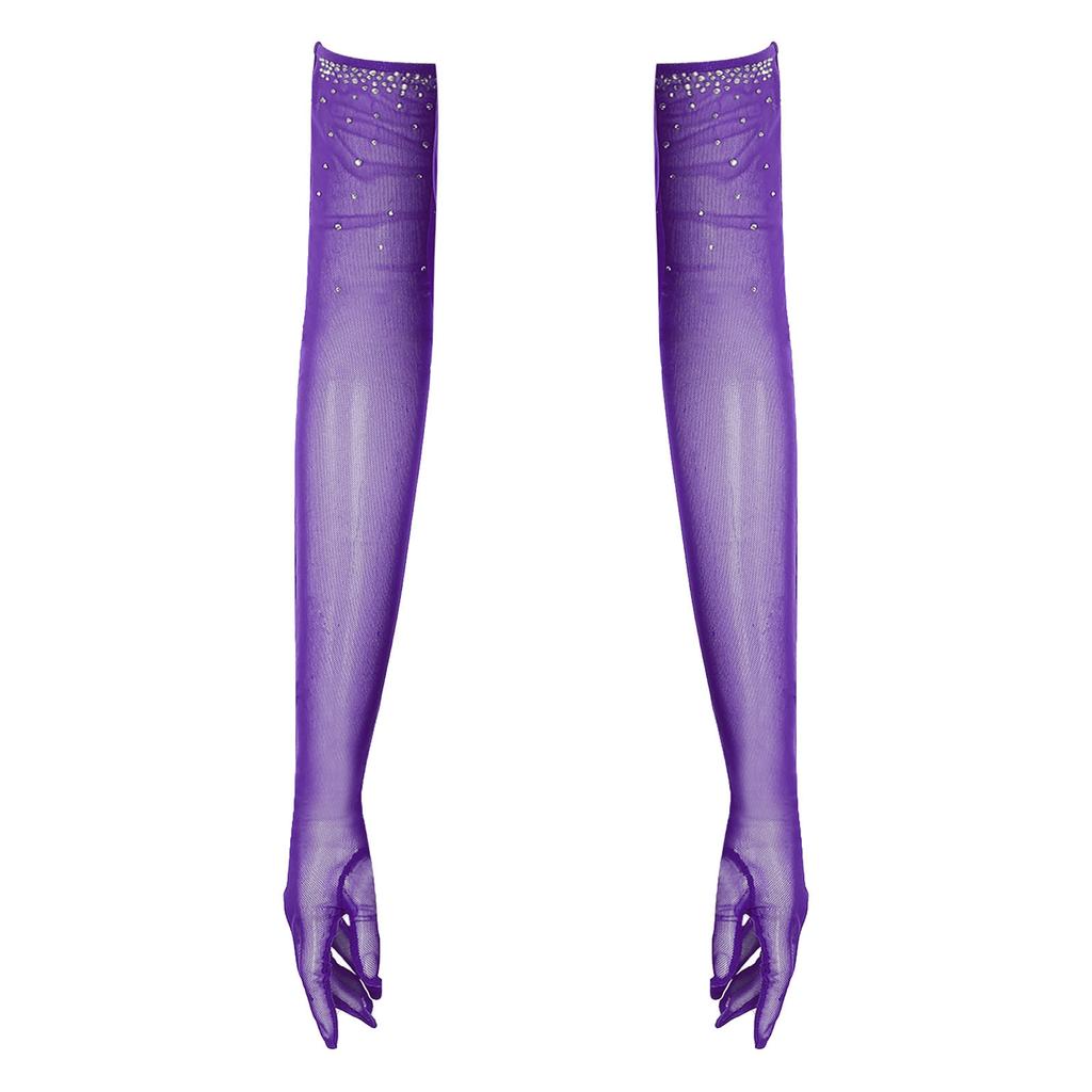 Womens One Pair Mesh Dance Gloves Glittery Rhinestones Five Finger Full Length Gloves Performance Accessory