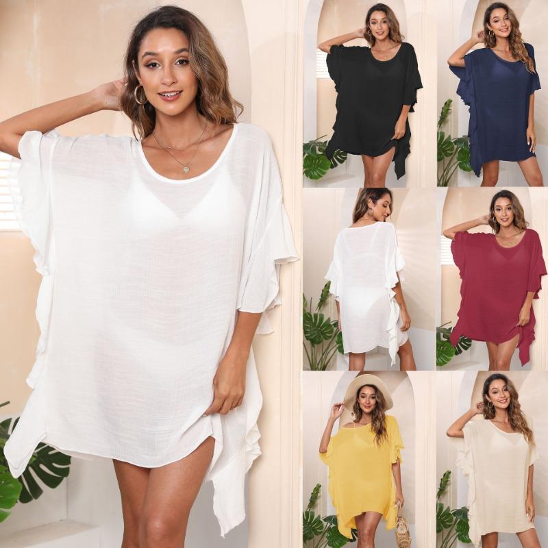 Women's Dress Plus Size Ruffle Solid Color Simple Loose Beach Bikini Cover-Up Swimwear Cover-Ups
