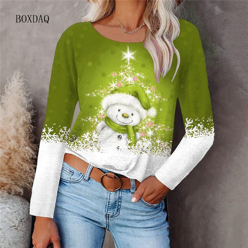 Рождественский стиль женские футболки с длинным рукавом осень-зима уличный 3D рождественский снеговик принт женские футболки 6XL большой размер повседневные топы