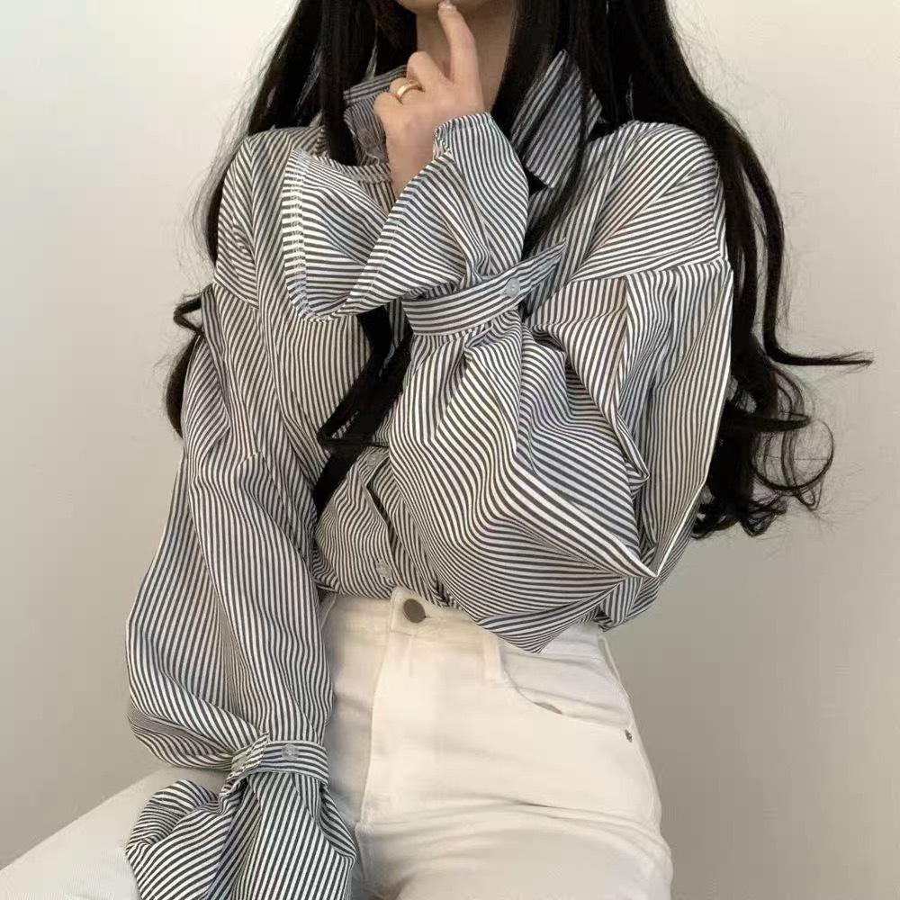 Korean Chic Blouses French Niche Autumn Outfit Thin Striped Loose Shirt for Women Simple Interio Long Sleeved Top Trendy