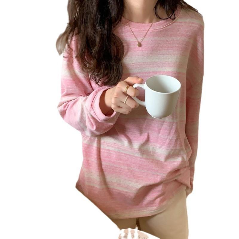Womens Striped Long Sleeve T-Shirt Loose Fit Crew Neck Casual Top Layering