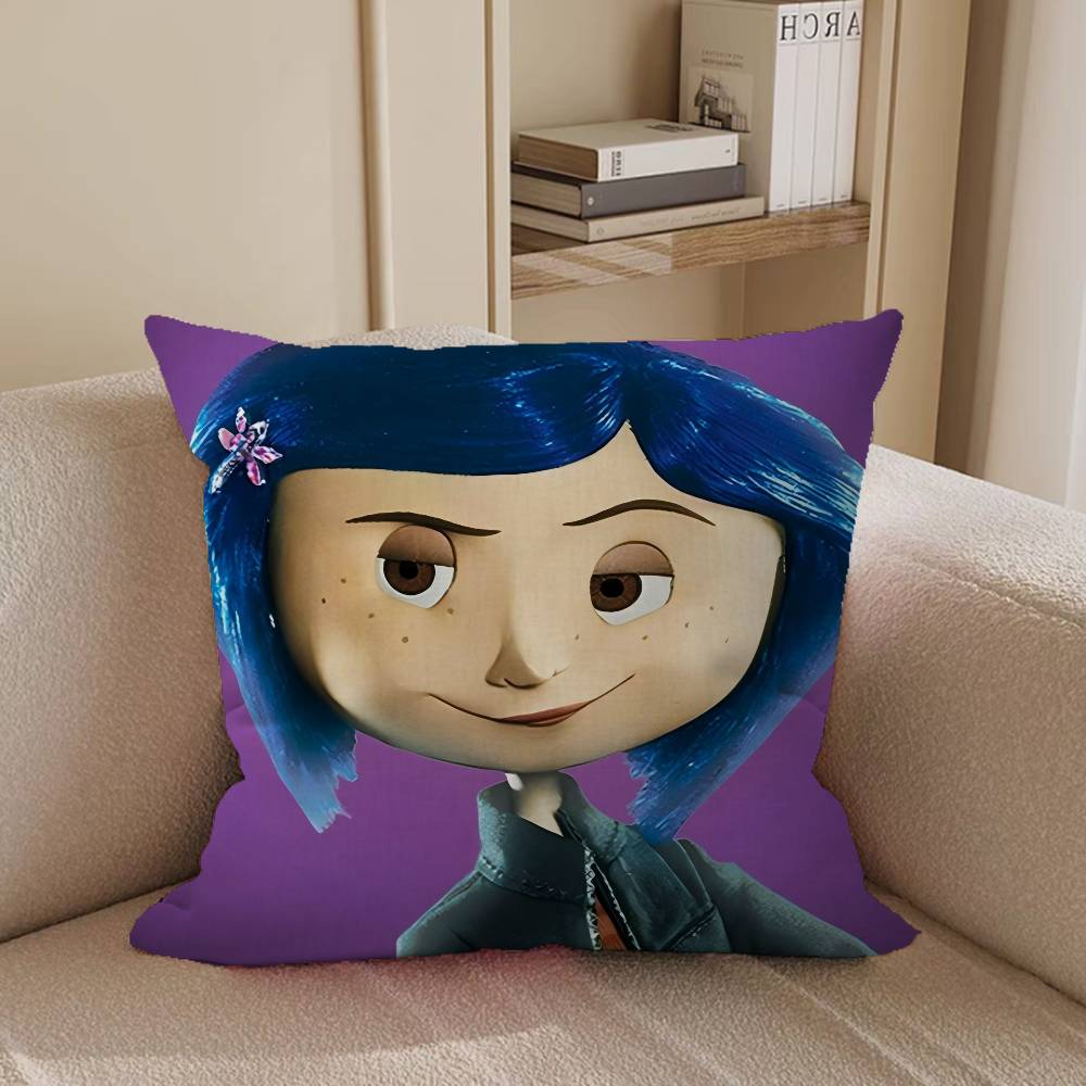 Съемная моющаяся наволочка с изображением Коралин из аниме – мягкий лен, подходит для всех сезонов.