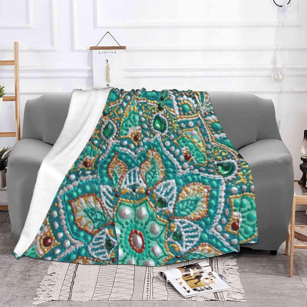 Mint And Gold Flower Mandala , Boho Dot Artwork Blanket Soft Warm Travel Portable Blanket Mint Mandala Flower Mandala Boho