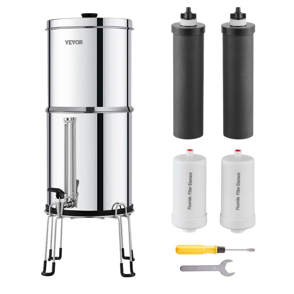 Gravity-fed Water Filter System, 2.25G 304 Stainless-Steel Countertop Filtration System, Reduces Lead and up to 99% of Chlorine, with 2 Activated