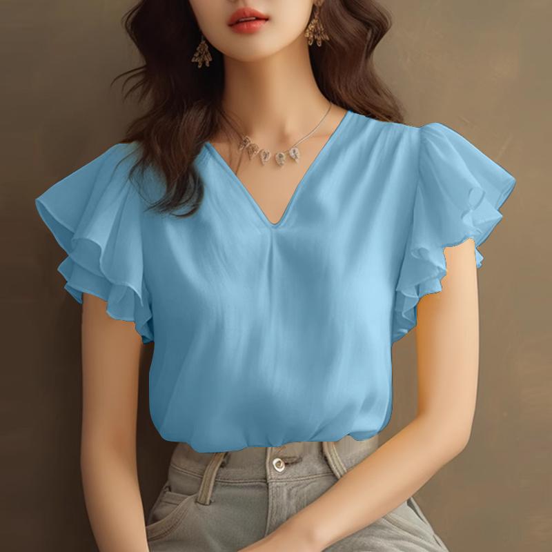 ZANZEA Женская повседневная летняя блузка с v-образным вырезом и оборками с короткими рукавами