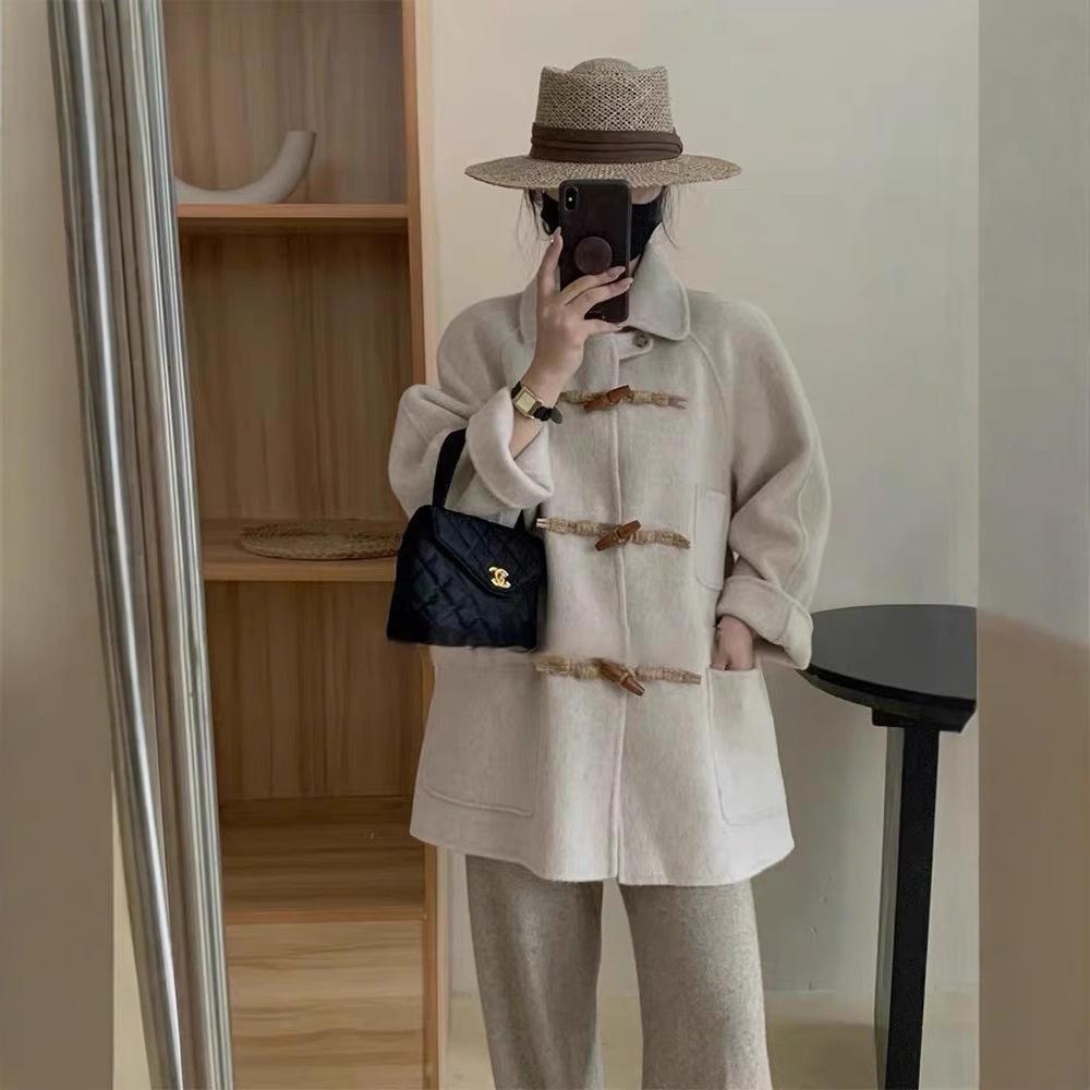 Новое ретро-колледж-стиль, двухстороннее шерстяное пальто с роговыми пуговицами для женщин, модная средняя длина