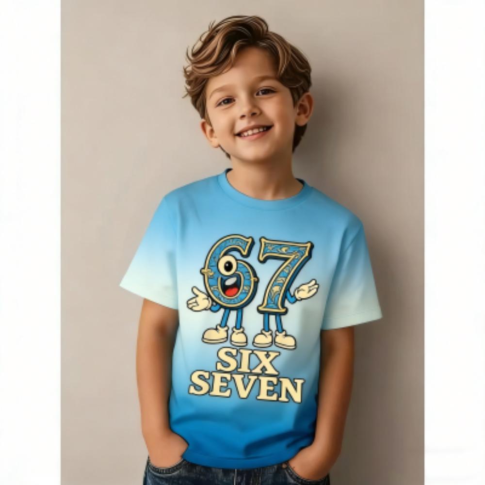 Fun Cartoon 67 Six Seven Multicolored Print Kids T-Shirts Summer Street Short-Sleeve Outdoor Casual Tops for Boy and Girl's Tees Top